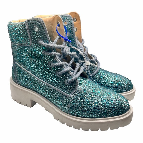 Betsey Johnson Hudson Turquoise Blue Rhinestone Combat Boots Size 6.5 NWOB BLING - Picture 6 of 14